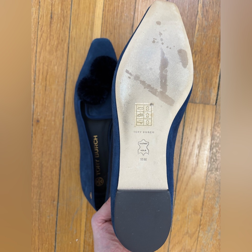 Tory Burch Navy Loafers with Black Pom Poms - Picture 5 of 5